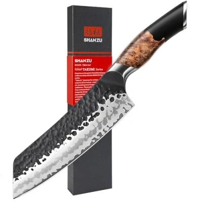 Abbildung von SHAN ZU Japanisches Santokumesser, 20 cm Handgeschmiedetes 7 Schichten Hochwertigem Carbon Stahl Scharf Kochmesser mit Ahornholzgriff, Profi Messer Gyuto Fleischmesser