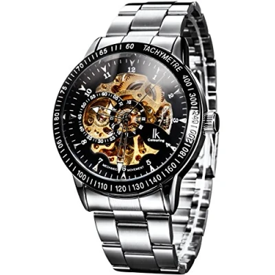 Abbildung von Alienwork IK Automatikuhr Armbanduhr Herren Damen Silber Edelstahl Metallarmband Schwarz Skelett Glasboden