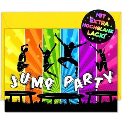 Abbildung von VULAVA 12x Jump PARTY EINLADUNGSKARTEN KINDERGEBURTSTAG Junge Mädchen + Umschläge die Karten sind Trampolin Einladung für Jungen Kinder GEBURTSTAG House HÜPFBURG