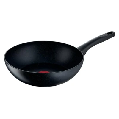 Abbildung von Tefal G28119 Black Stone Wokpfanne 28 cm Mineralia+ Antihaftversiegelung sicher Thermo Signal induktionsgeeignet gesund Kochen Effekt Schwarz