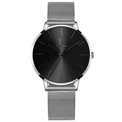 Abbildung von Alienwork Armbanduhr Damen Silber Metall Mesh Armband Edelstahl Schwarz Ultra flach dünn