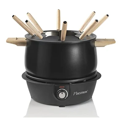 Abbildung von Bestron elektrisches Fondue Set für bis zu 8 Personen, mit 8x Fonduegabeln &amp; stufenlosen Thermostat, inkl. Spritzschutz, Farbe: Schwarz/Holz