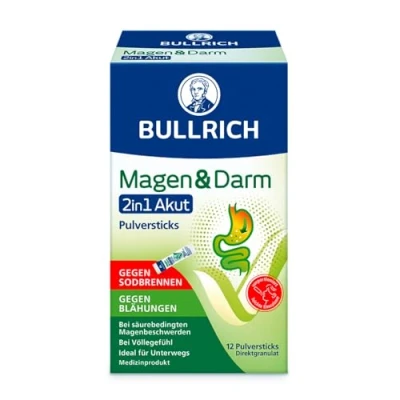 Abbildung von Bullrich Magen &amp; Darm 2in1 Akut Gegen Sodbrennen und Blähungen Ideal für unterwegs vegan 12 Pulversticks