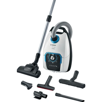 Abbildung von Bosch Staubsauger mit Beutel ProSilence Serie 8 BGB75XSIL, Bodenstaubsauger, ideal für Allergiker, Hygiene Filter, 10 Jahre Motorgarantie, Hartbodendüse, langes Kabel, Made in Germany, 650 W, weiß