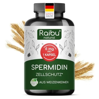 Abbildung von Raibu Spermidin Kapseln hochdosiert 6 mg pro Kapsel 90 Vorrat für 3 Monate Vegan, Natürlich &amp; Ohne Zusatzstoffe aus Weizenkeim Extrakt