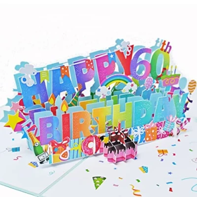 Abbildung von Favour Pop Up® 3D Glückwunschkarte zum runden 60. Geburtstag. Eine bunte Überraschung auch für Gutschein oder Geldgeschenk. TH060