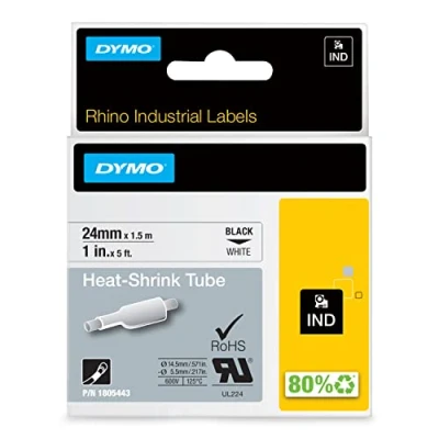Abbildung von DYMO Rhino Industrie Schrumpfschlauch Kabeletiketten 24 mm x 1,5 m schwarze Schrift auf weißem Untergrund selbstklebend