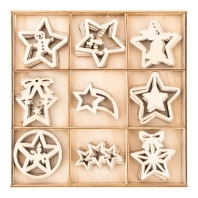 Abbildung von Ideen mit Herz Streu Deko aus Holz Motive Sterne Weihnachten Winter Tisch Inklusive Box 9 versch. Designs, je 7 Stück 63 teilig