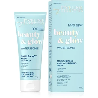 Abbildung von Eveline Cosmetics Beauty&amp;Glow Feuchtigkeits &amp; Nährende Creme mit Dreifacher Hyaluronsäure, Kokoswasser Probiotika 24H Hydration für Trockene Empfindliche Haut Vegan 75ml