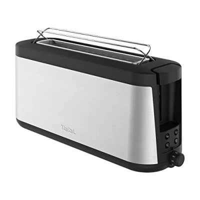 Abbildung von Tefal Element Langschlitz Toaster TL4308 7 Bräunungsstufen 1000 Watt Integrierter Brötchenaufsatz Elegantes Design Schwarz/ Edelstahl