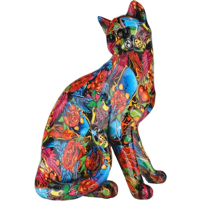 Abbildung von Casablanca Deko Figur Skulptur Street Art Katze Wildkatze aus Kunstharz Geschenk für Katzenliebhaber Farbe: Mehrfarbig Graffiti Höhe 29 cm