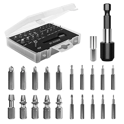 Abbildung von Nuovoware Schraubenausdreher Set, 22PCS Broken Screw Extractor Kit mit magnetischem Verlängerungsbithalter und Sockeladapter Schnellarbeitsstähle Schrauben entferner für Schrauben, Schwarz
