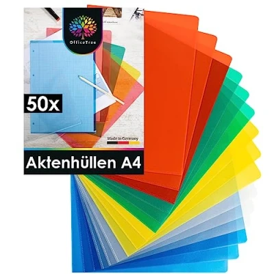 Abbildung von OfficeTree 50x Aktenhüllen Farbig Glasklar Einsteckhüllen A4 Genarbt Sichthüllen Seitlich Offen Bunte Klarsichthüllen Einschubhüllen Schützen vor Knicken &amp; Schmutz Made in Germany