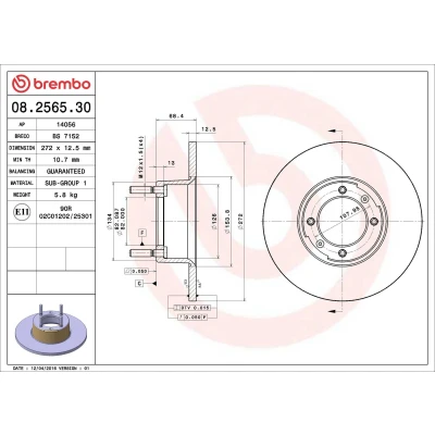 Abbildung von BREMBO 08.2565.30 Bremsscheibe 272 12,6 4 voll ALFA ROMEO: Spider, 1750 2000