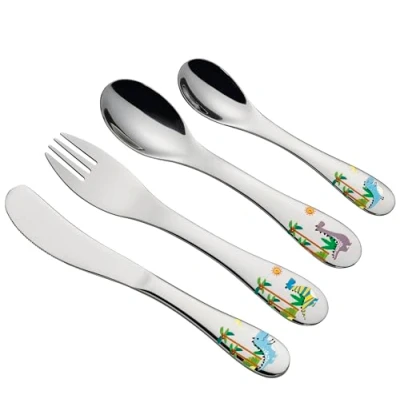 Abbildung von cilio Kinderbesteck DINO 4 teilig Rostfreier Edelstahl Ergonomische Form Kindermesser 21 cm, Kindergabel Kinderlöffel 20 kleiner Löffel 17 cm Dinomotive eingraviert