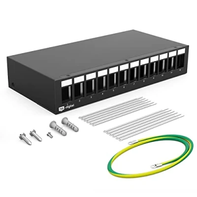 Abbildung von hb digital 12 Port Patchpanel Gehäuse für Keystone Module mit z.B. RJ45 Buchse RJ11 Socket Antennenstecker F Verbinder USB C A BF/AF HDMI Polklemme Gewindebuchse BNZ Hellgrau