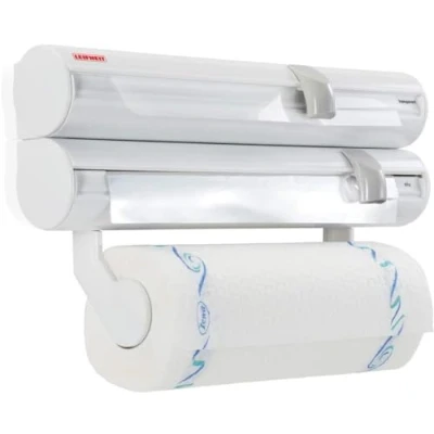 Abbildung von Leifheit Wandrollenhalter Rolly Mobil ComfortLine Serie mit abnehmbarem Behälter, Küchenrollenhalter für 3 Rollen, Papierrollenhalter scharfen Klingen
