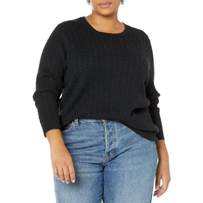 Abbildung von Amazon Essentials Damen Leichter Langarm Pullover Mit Rundhalsausschnitt Zopfmuster (Erhältlich In Übergröße), Schwarz, M