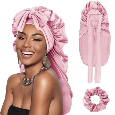 Abbildung von DRESHOW Lange Satin Zopfhaube für Damen Seidenhaube zum Schlafen Schlafmütze mit Elastischem Band Nachtmütze Lockiges Haar Locs