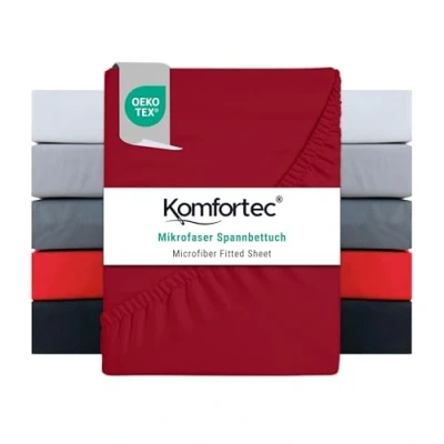Abbildung von Komfortec Mikrofaser Spannbettlaken 200x200 cm Weiches Spannbetttuch mit Rundumgummi Fitted Sheet für Matratzen bis 30 Rot Oeko Tex Pflegeleicht &amp; Hautfreundlich 90g/m²