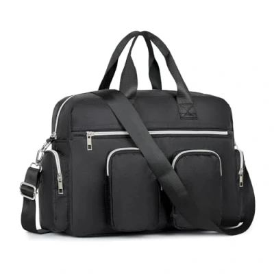 Abbildung von KONO Damen leichte Handtasche, Wasserdichte Umhängetasche mit Blumenmuster, Groß Henkeltasche für Frauen, Multifunktionale Schultertasche Reisen, Shopper, Arbeit(Reines Schwarz)