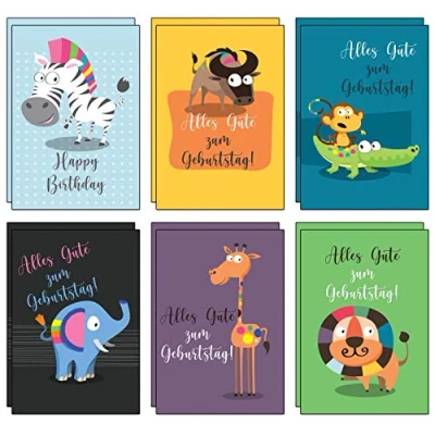 Abbildung von the lazy panda card company 12 bunte und fröhliche Geburtstagskarten für Kinder inkl. rote Umschläge aus recyceltem Papier