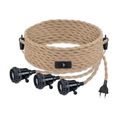 Abbildung von Hanfseil Pendellampe Kit mit Schalten und EU Stecker 3 Flammig Hängeleuchte E27 Fassung 6,5M Textilkabel Vintage Industrial Pendelleuchte Stecken für Küche Esstisch, ohne Glühbirne