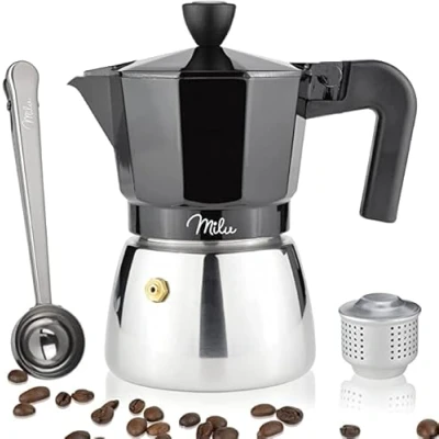 Abbildung von Milu Espressokocher Induktion geeignet 3, 6, 9 Tassen Aluminium Mokkakanne, Edelstahl Espressokanne, Espresso Maker Set inkl. Löffel, Bürste (Schwarz, 3 (150ml)