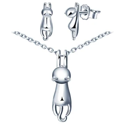 Abbildung von Yumilok Damen Ketten Halskette Ohrstecker mit Anhänger Zirkonia Katze Katzen in 925 Sterling Silber Schmuck Sets für Frauen Mädchen