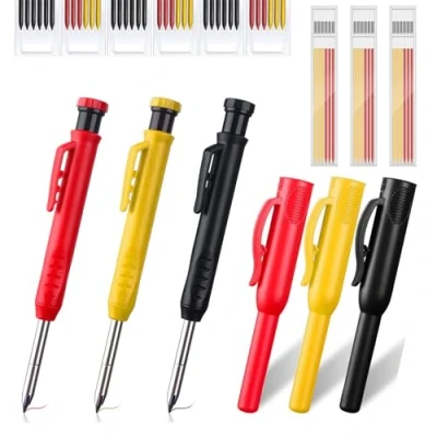 Abbildung von Basicon Tischler Bleistifte Set, 3 Tieflochmarker Bleistift mit 39 Vielseitige Minen, Druckbleistift Marker Eingebauter Spitzer Baustelle Stifte für Holzbearbeitung,