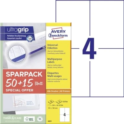 Abbildung von AVERY Zweckform 6601 Universal Etiketten (200 plus 60 Klebeetiketten extra, 105x148mm auf A4, Papier matt, bedruckbare Versandetiketten, selbstklebende Versandaufkleber mit ultragrip) 65 Blatt, weiß