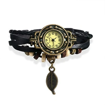 Abbildung von JewelryWe Damen Armbanduhr, Retro geflochten Leder Armband Armreif Armkette Uhr mit Baum Blatt Anhänger, Schwarz