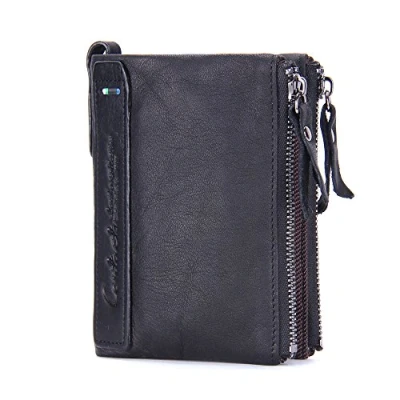 Abbildung von Contacts Herren Echtes Leder Bifold Wallet Doppelreißverschlusstasche Geldbörse Schwarz …