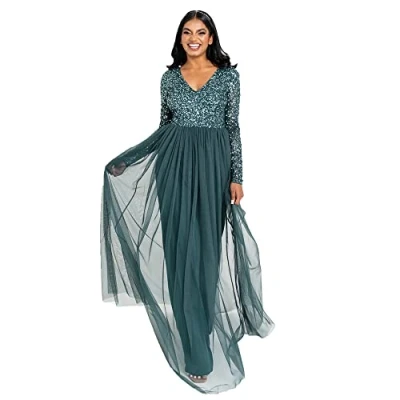 Abbildung von Maya Deluxe Damen Womens Ladies Dress Long Sleeve For Wedding Guest V Neck High Empire Waist Maxi Length Evening Kleid, Emerald Green, 42 EU