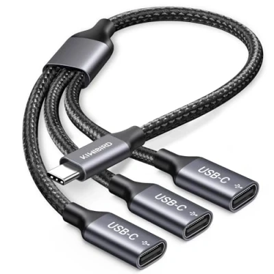 Abbildung von KiwiBird USB C Splitter 1 zu 3, Typ Y Kabel Verteiler zum Laden Dual Port Doppelstecker Adapter Ladekabel für Strom und Daten, Kompatibel mit Laptop Mac Auto USBC Stick Tastatur Maus Drucker