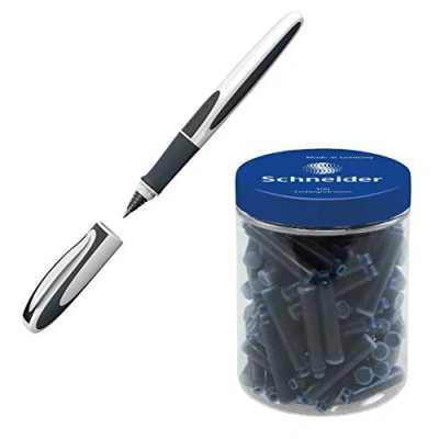 Abbildung von Schneider Patronenroller Ray (Tintenroller mit Edelstahlspitze, inkl. Tintenpatrone, Made in Germany) (blau/grau 100 Patronen blau)