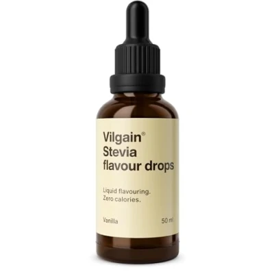Abbildung von Vilgain Stevia Drops Natürlicher kalorienfreier Süßstoff, 5 Geschmacksrichtungen, ideal für Getränke, Backen &amp; Diabetiker, ohne Zucker, hitzebeständig, vegan ergiebig (50ml, Vanille)