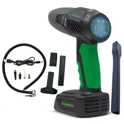 Abbildung von Hammersmith AirStorm Kabelloser Handstaubsauger &amp; Luftkompressor mit SOS Licht umfangreichem Zubehör Autoreifen aufpumpen Kontrolle des Reifendrucks Auto Staubsauger Luftpumpe