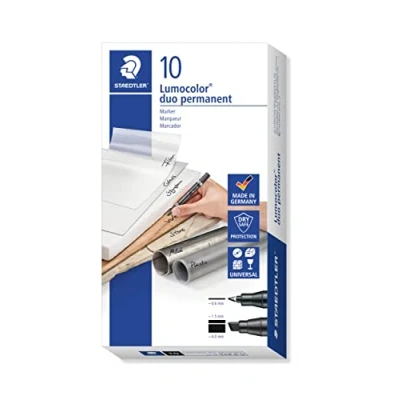 Abbildung von STAEDTLER 348 B 9 Lumocolor duo permanent marker, 0.6 mm und M Keilspitze 1.5 oder 4 mm, 10 Stück im Kartonetui, schwarz, VE