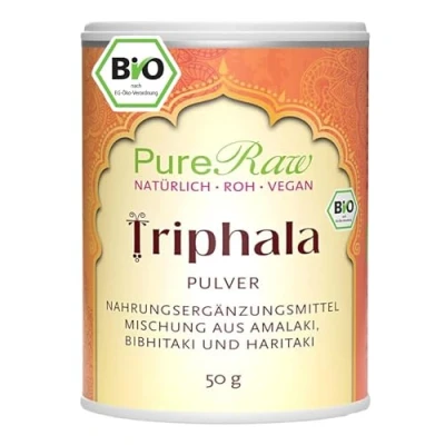 Abbildung von Triphala Pulver Bio (Vegan) Dreifrucht Amla Amalaki Haritaki Bibhitaki Drei Myrobalane Früchte Indische Gewürze Ayurveda Ernährung Organic Powder PureRaw 100g (=2x 50g)