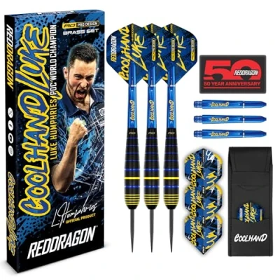 Abbildung von RED DRAGON Luke Humphries Coolhand 22g Messing Dartpfeile Set mit Flights und Schäften (Stielen), inkl. Checkout Karte