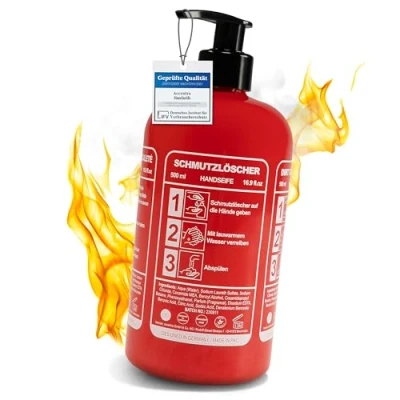 Abbildung von Accentra Handseife SCHMUTZLÖSCHER in Flasche Feuerlöscher Optik, 500ml im Pumpspender, Flüssigseife, Musk Duft nachfüllbar Feuerwehr Design