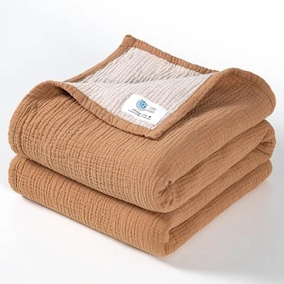 Abbildung von Lulu moon Musselin Babydecke Baumwoll Steppdecken für Kleinkinder wendbare Kinderbettdecke Babys Jungen und Mädchen, 120 x cm(Karamellfarben)