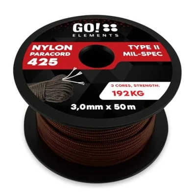 Abbildung von GO!elements 50m Paracord Seil aus reißfestem Nylon 3mm 425 Typ II max. 192kg Schnüre als Outdoor Seil, Allzweckseil, Survival Armband, Hundeleine, Nylonschnur, Farbe: Braun