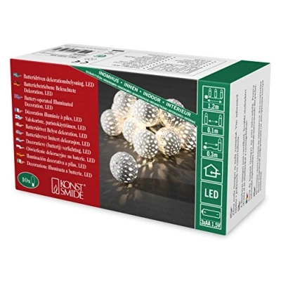 Abbildung von Konstsmide LED Dekolichterkette, große weiße Metallbälle, 10 warm Dioden, batteriebetrieben, Innen, transparentes Kabel, 3 x AA 1.5V (exkl.) 3157 103