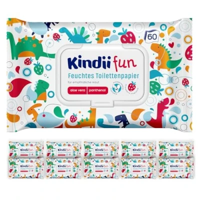 Abbildung von Kindii Fun Feucht Toilettenpapier 600 Stück .spülbar Kombination aus Feuchtpapier und Feuchttuch reinigt, erfrischt den Intimbereich Kamille Aloe Vera PH neutral Stück. 10x60 Stk
