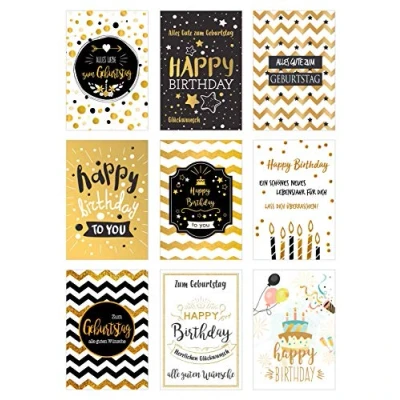 Abbildung von Edition Seidel Set 9 exklusive Premium Geburtstagskarten mit feiner Goldprägung und Umschlag. Glückwunschkarte Grusskarte Geburtstag Geburtstagskarte Mann Frau Karten Happy Birthday Billet Sprüche