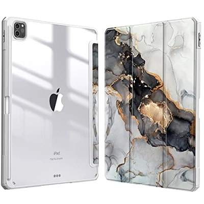 Abbildung von Fintie Hybrid Hülle für iPad Pro 12.9 2022 (6. Generation)/ 2021/2020/2018 mit Stifthalter Stoßfeste Schutzhülle transparenter Hartschale auf der Rückseite, Trüber Marmor