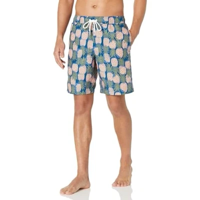 Abbildung von Amazon Essentials Herren Badehose, 23 cm, Mit Lockerer Passform und Schnelltrocknend Auslauffarben, Marineblau Pfirsich Ananasaufdruck, XL