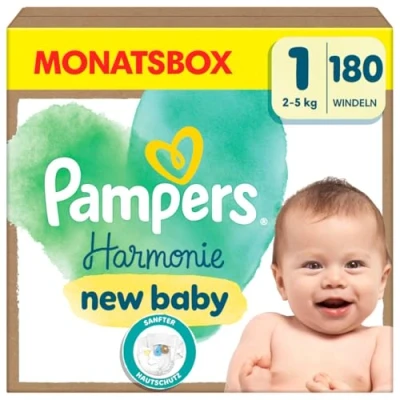 Abbildung von Pampers Harmonie Baby Windeln Größe 1, 180 Windeln, 2kg 5kg, sanfter Hautschutz und 100 Prozent Saugfähigkeit